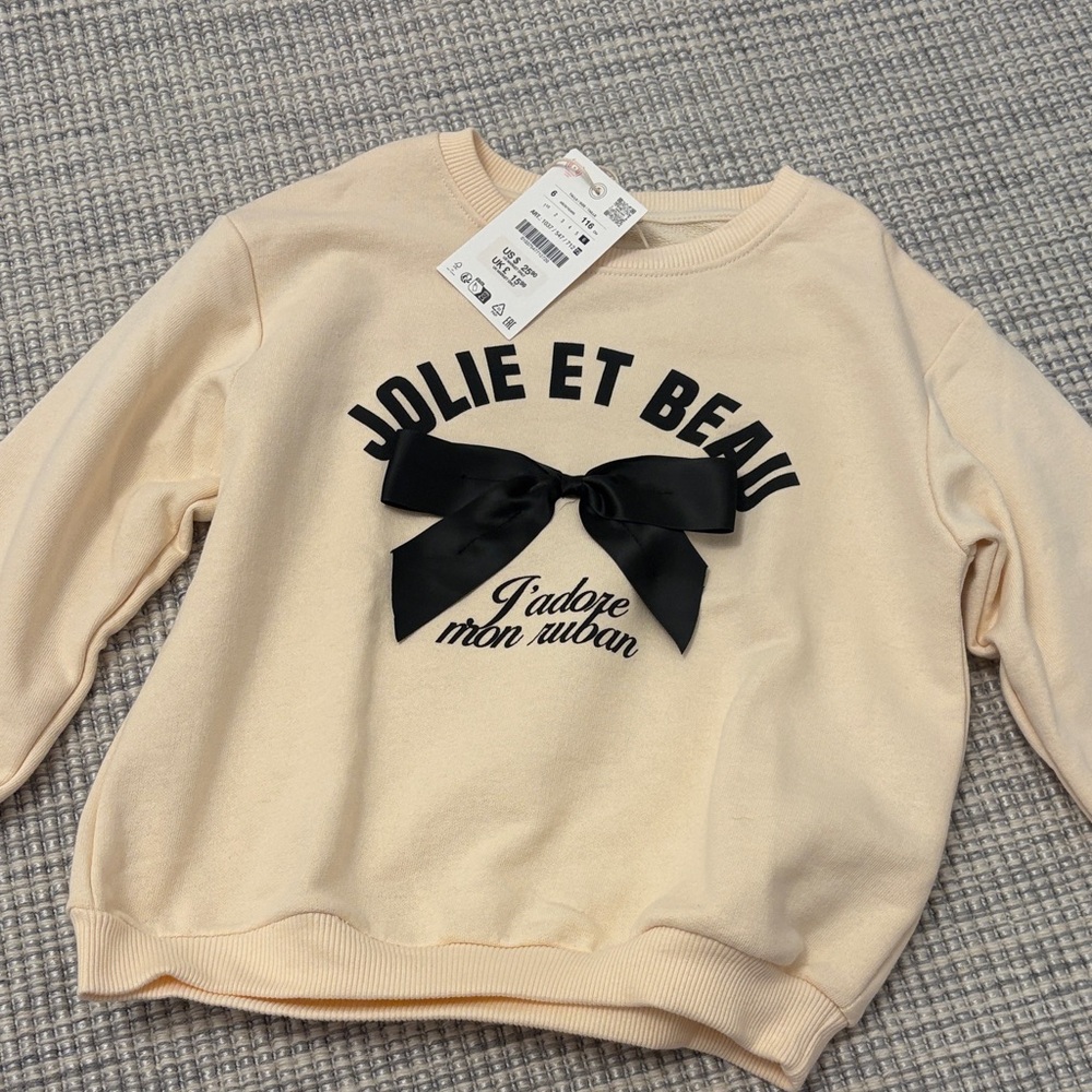 Zara Cream Sweatshirt with Black Bow Detail